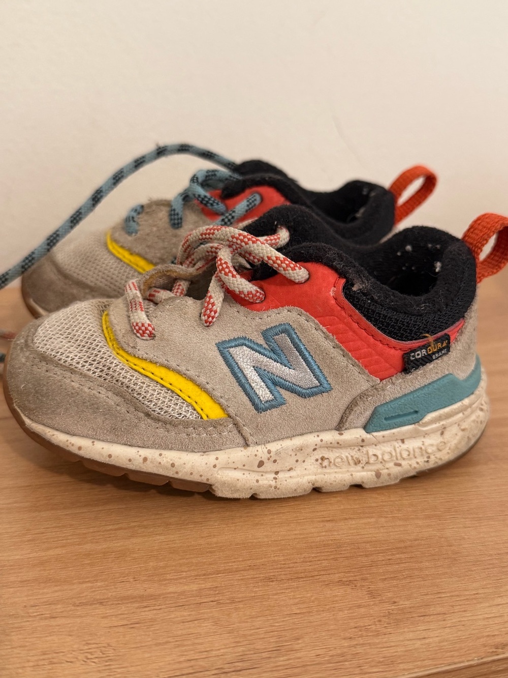 New Balance Kids Gray, Blue & Yellow Sneakers with Red Accents